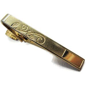 Striped Floral Etched Polished End Gold Tone Vintage Tie Clasp For Tuxedo Or Sui